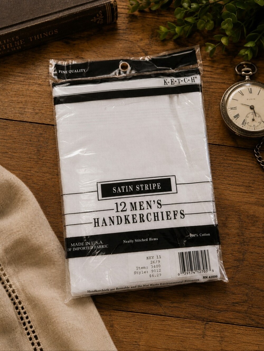 Vintage Ketch Satin Stripe Men’s Handkerchiefs 12 Pack White Cotton Made in USA